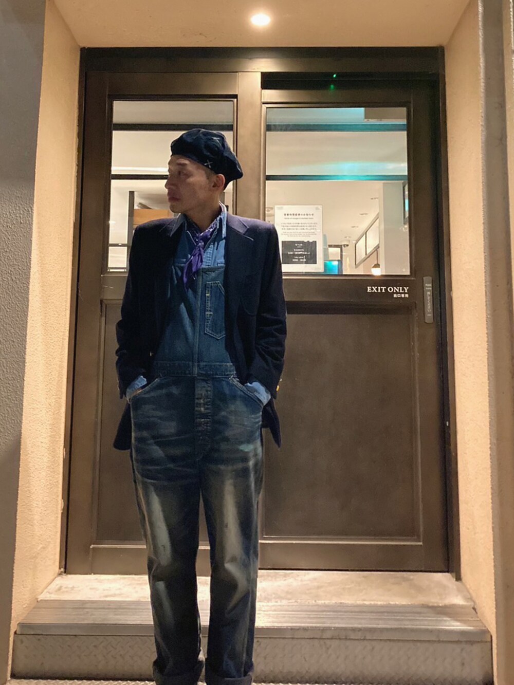「秋服、秋服準備はじめました、カジュアルコーデ、大人コーデ、メンズファッション、秋のコーデ、パープル、服好きな人と繋がりたい、古着好きな人と繋がりたい、オーバーオール」｜「RRLのアイテム（サロペット/オーバーオール、ブルー系）」を使った、ひろまるさん（メンズ・170cm）の秋コーディネートの4枚目の写真