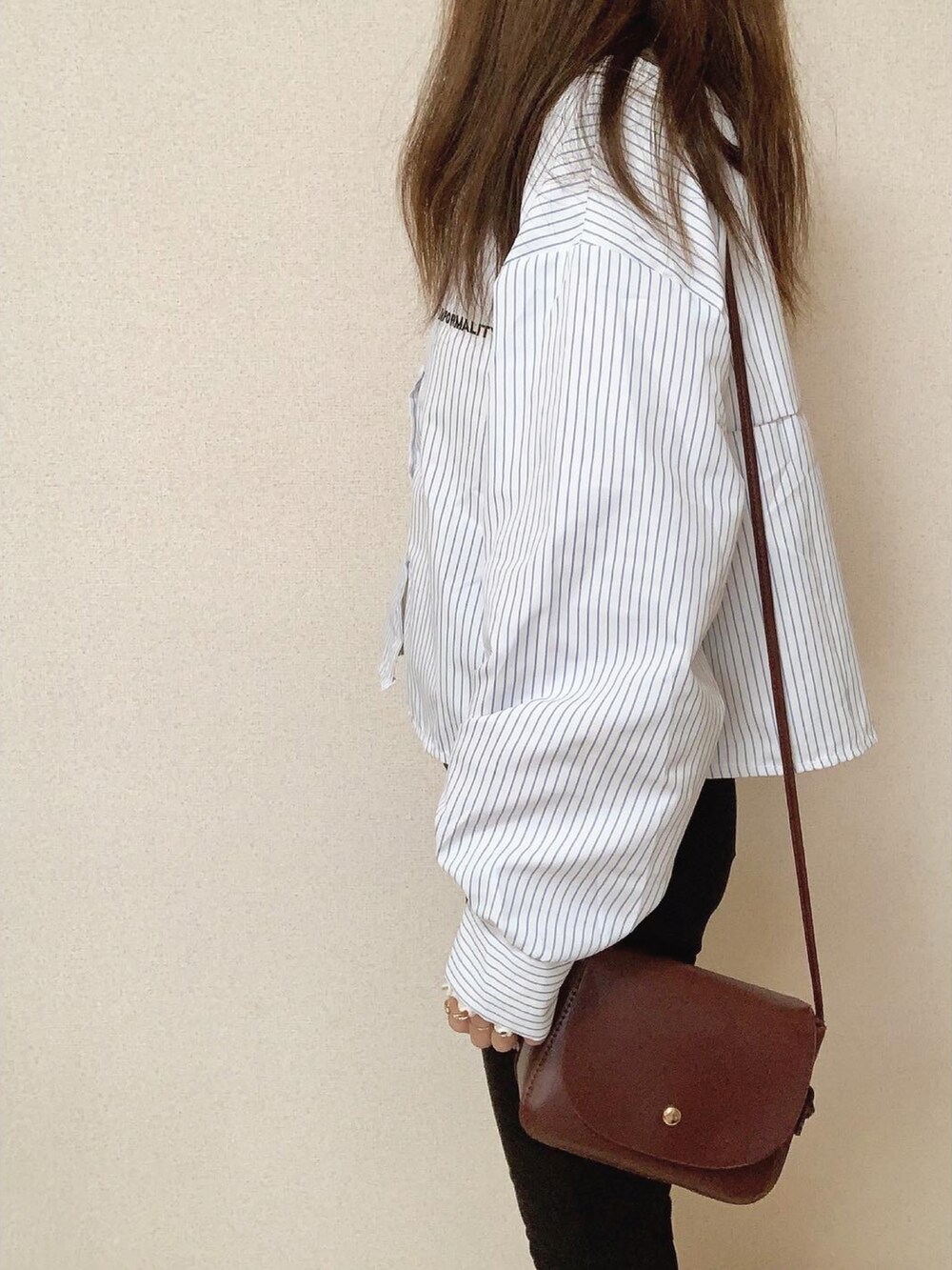 ブルー系のシャツ/ブラウス、ブラウン系のショルダーバッグ、ホワイト系のTシャツ/カットソーを着用したレディースの春コーディネートの2枚目の写真