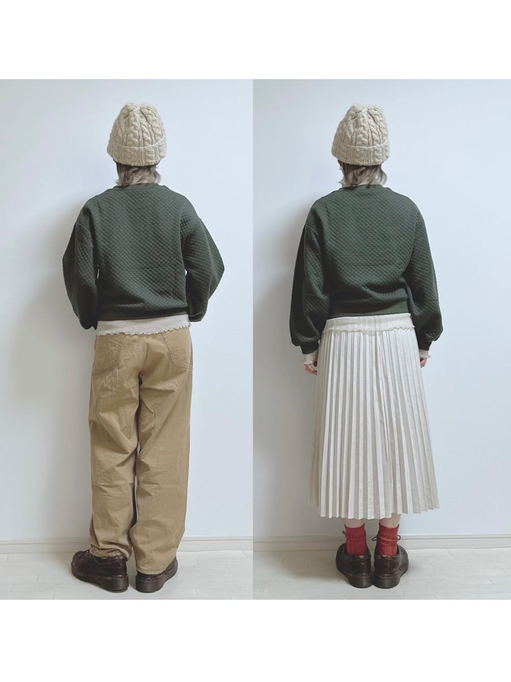 ベージュ系のトップス、グリーン系のスウェット、ベージュ系のパンツを着用したレディースの秋コーディネートの3枚目の写真