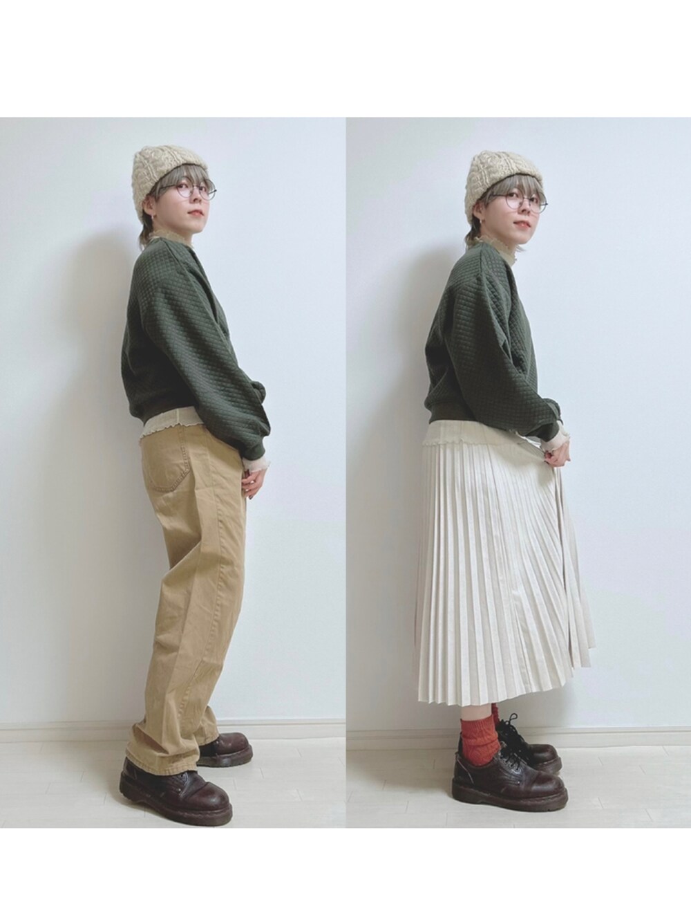 ベージュ系のトップス、グリーン系のスウェット、ベージュ系のパンツを着用したレディースの秋コーディネートの2枚目の写真