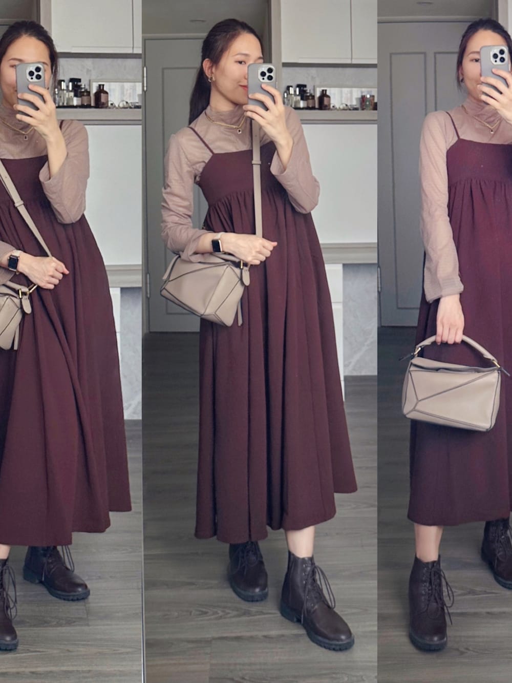 ベージュ系のショルダーバッグ、ブラウン系のワンピース、ベージュ系のその他トップスを着用したレディースの秋コーディネートの2枚目の写真