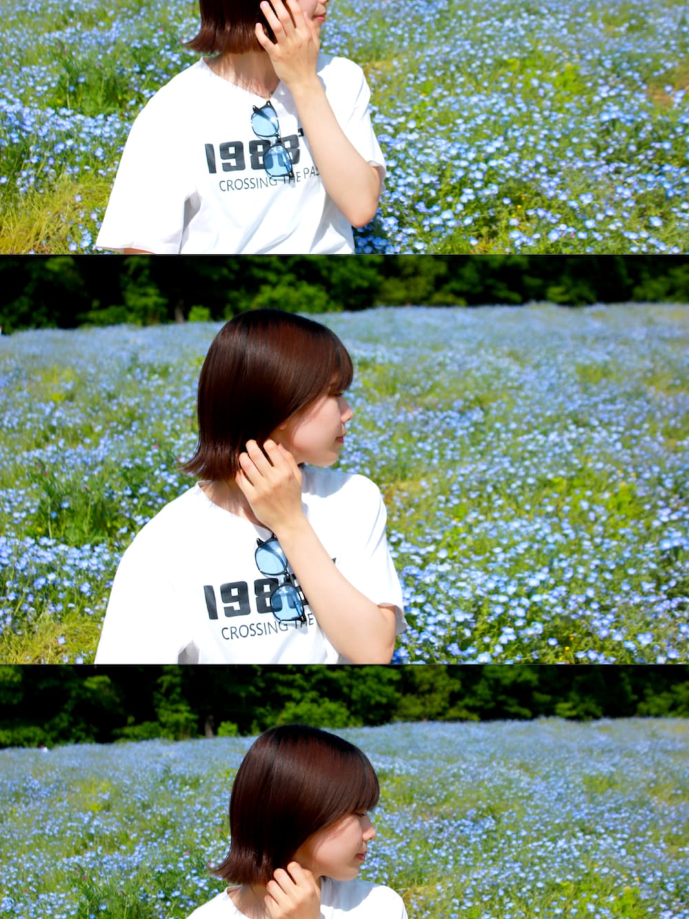 ホワイト系のTシャツ/カットソー、ブルー系のデニムパンツ、ブルー系のサングラスを着用したレディースの春コーディネートの2枚目の写真