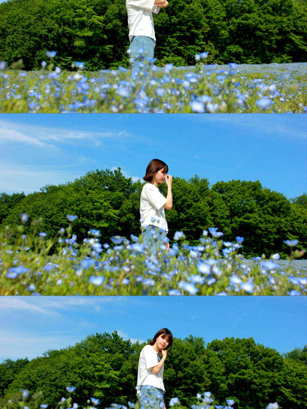 ホワイト系のTシャツ/カットソー、ブルー系のデニムパンツ、ブルー系のサングラスを着用したレディースの春コーディネートの3枚目の写真