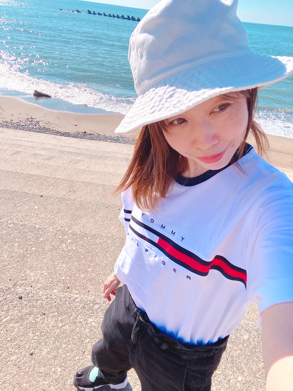 「夏コーデ、シンプルスタイル、おでかけコーデ、フェススタイル」｜「LOWRYS FARMのアイテム（ハット、ホワイト系）」を使った、sanaekoさん（骨格ウェーブ・レディース・153cm）の夏コーディネートの2枚目の写真