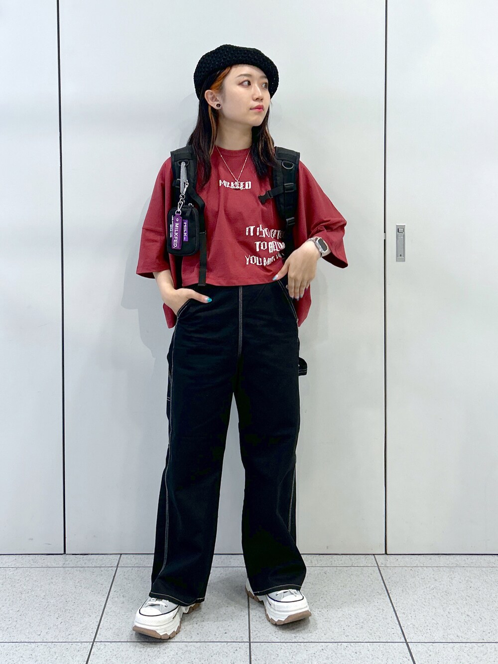 「WEARyouthコーデ、夏コーデ、低身長女子、骨格ウェーブ、ミルクフェド、ミルクフェド(MILKFED.)、MILKFED.、バックパック、リュック、ハイウエスト、おでかけコーデ、着回しコーデ、ベレー帽、厚底スニーカー、ZOZOセール2023夏」｜「RAY CASSINのアイテム（ハンチング/ベレー帽、ブラック系）」を使った、レイナさん（レディース・154cm）の夏コーディネートの4枚目の写真