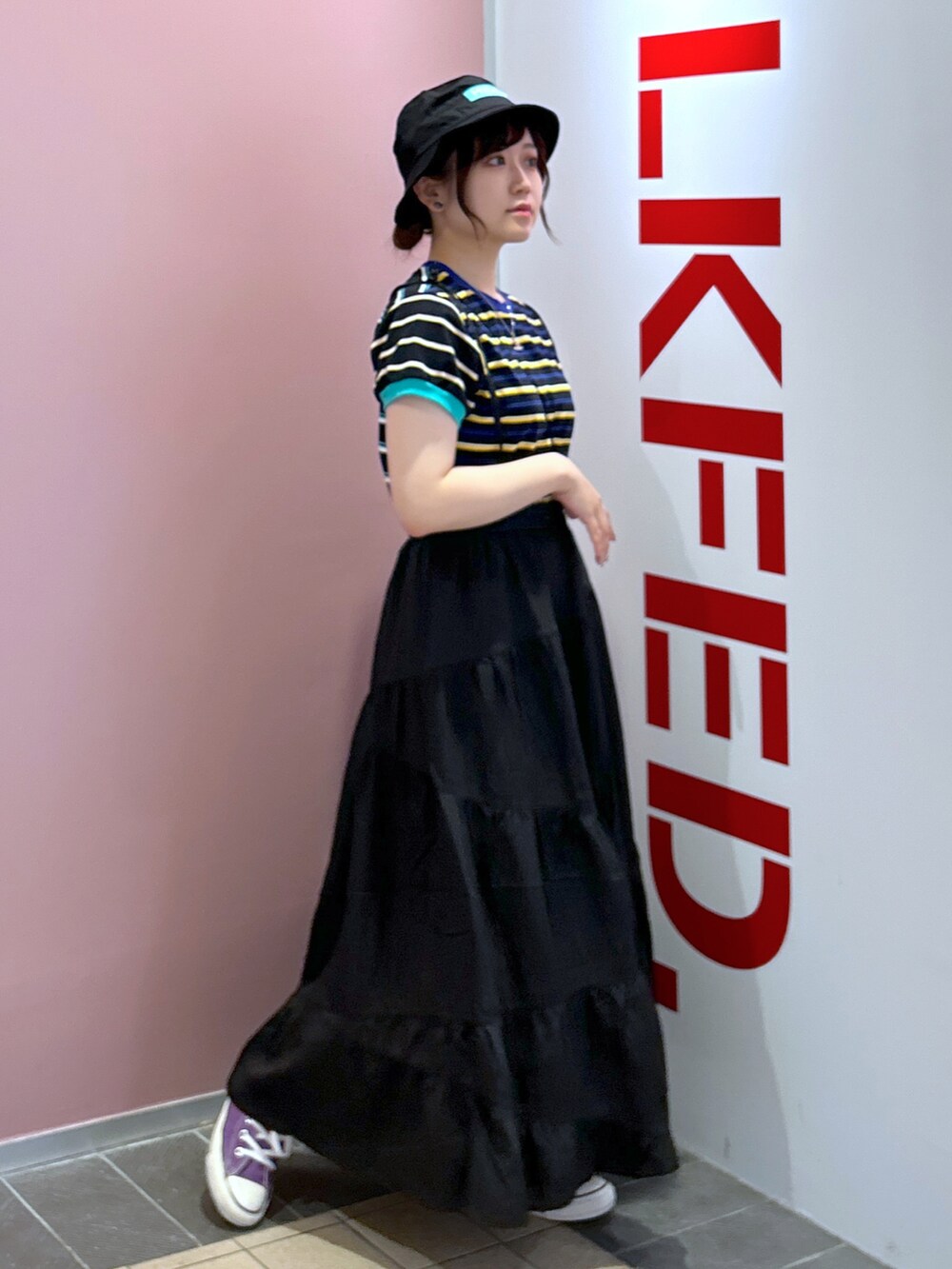 「WEARyouthコーデ、初夏コーデ、大人カジュアル、おしゃれさんと繋がりたい、ミルクフェド、ミルクフェド(MILKFED.)、MILKFED.、ootd、夏コーデ、低身長、骨格ウェーブ、NEW ERA、ストライプ、3wayワンピース、3wayスカート」｜「MILKFED.のMILKFED.xNEW ERA BAR HAT（ハット、グリーン系）」を使った、レイナさん（レディース・154cm）の春コーディネートの2枚目の写真