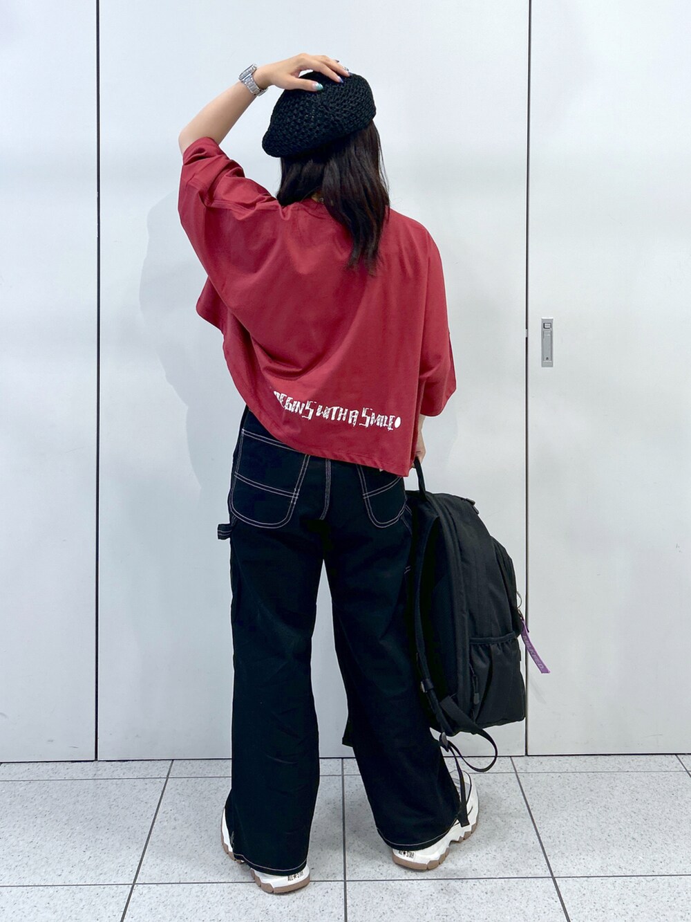 「WEARyouthコーデ、夏コーデ、低身長女子、骨格ウェーブ、ミルクフェド、ミルクフェド(MILKFED.)、MILKFED.、バックパック、リュック、ハイウエスト、おでかけコーデ、着回しコーデ、ベレー帽、厚底スニーカー、ZOZOセール2023夏」｜「RAY CASSINのアイテム（ハンチング/ベレー帽、ブラック系）」を使った、レイナさん（レディース・154cm）の夏コーディネートの3枚目の写真
