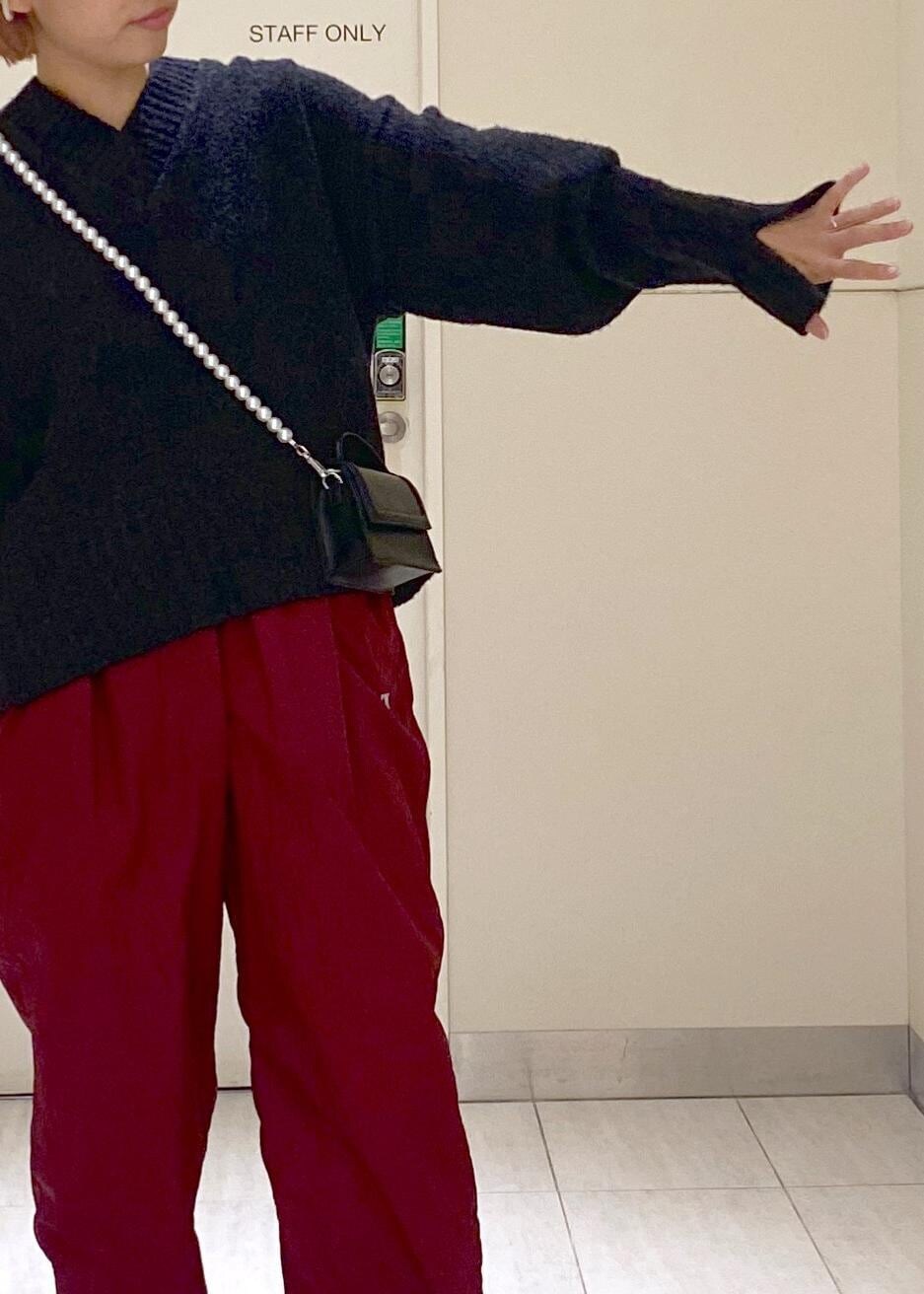 ブラック系のニット/セーター、ブラック系のショルダーバッグ、レッド系のその他パンツを着用したレディースの秋コーディネートの6枚目の写真