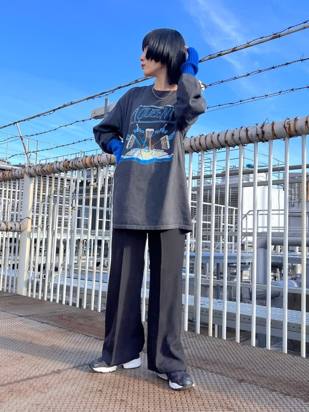 グレー系のTシャツ/カットソー、ブラック系のその他パンツ、ブルー系のアームカバーを着用したレディースの秋コーディネートの2枚目の写真