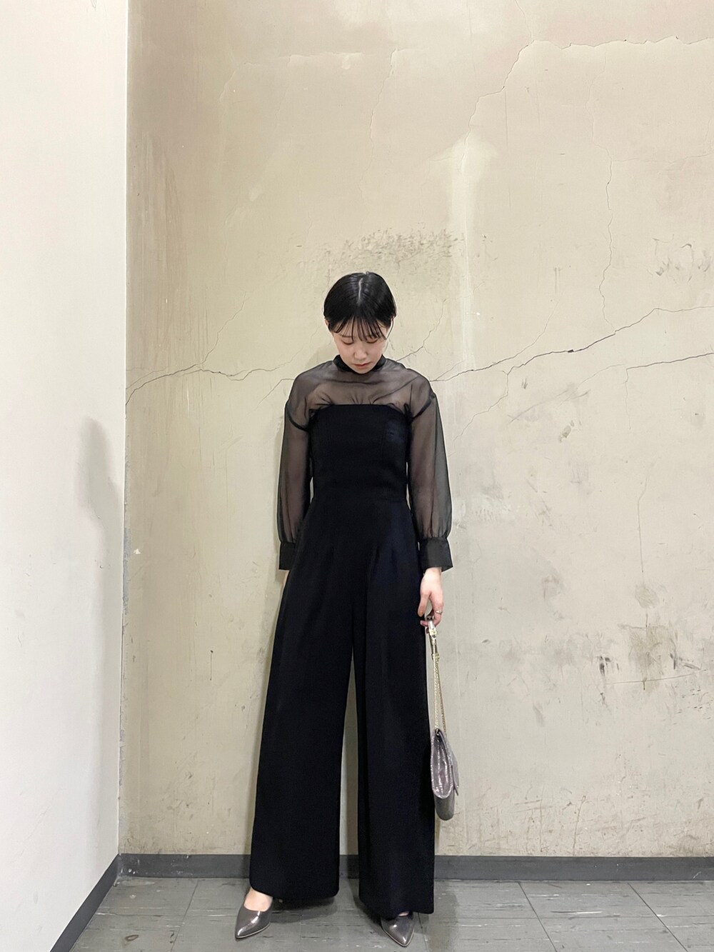 ブラック系のパンツドレス、ブラック系のシャツ/ブラウス、シルバー系のハンドバッグを着用したレディースの冬コーディネートの3枚目の写真