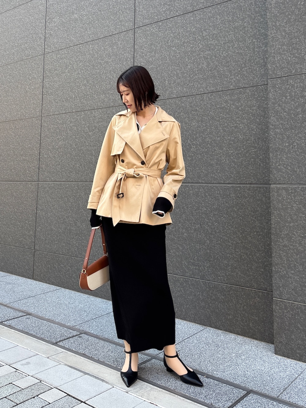 ブラック系のワンピース、ブラウン系のハンドバッグ、ブラック系のパンプスを着用したレディースの春コーディネートの5枚目の写真