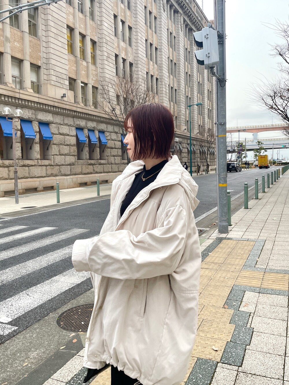 ホワイト系のダウンジャケット/コート、ブラック系のワンピースを着用したレディースの冬コーディネートの7枚目の写真