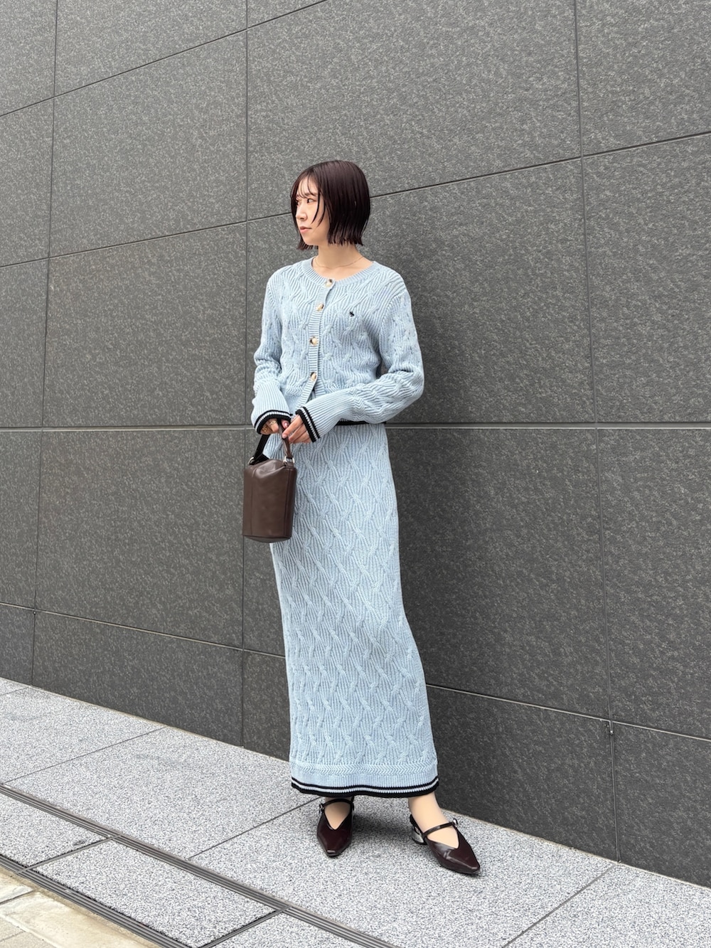 ブルー系のワンピース、ブラウン系のハンドバッグ、ブラウン系のパンプスを着用したレディースの冬コーディネートの2枚目の写真