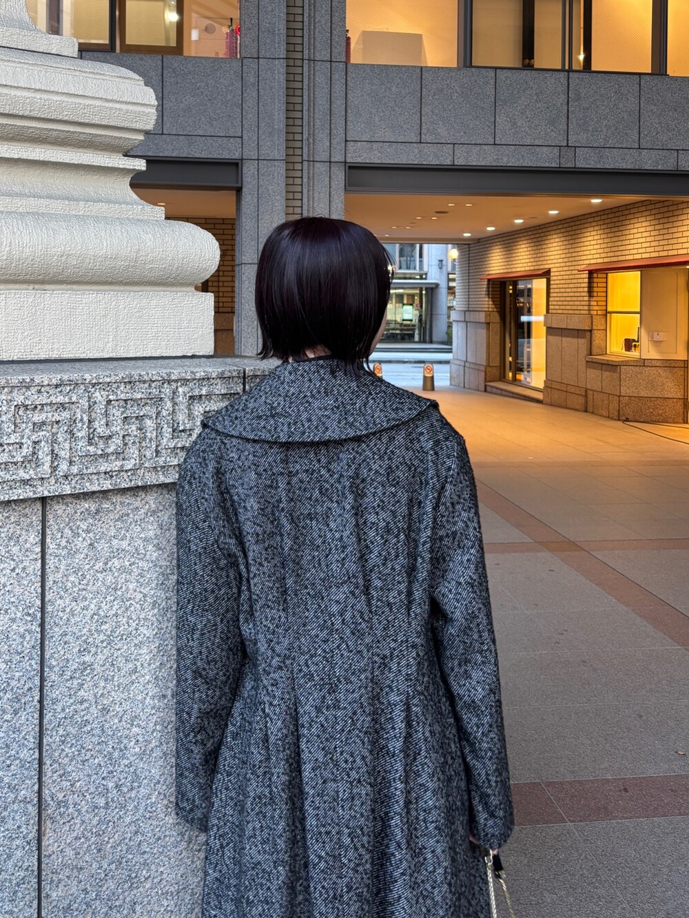 ブラック系のドレス、ブラック系のチェスターコート、ブラック系のハンドバッグを着用したレディースの冬コーディネートの5枚目の写真