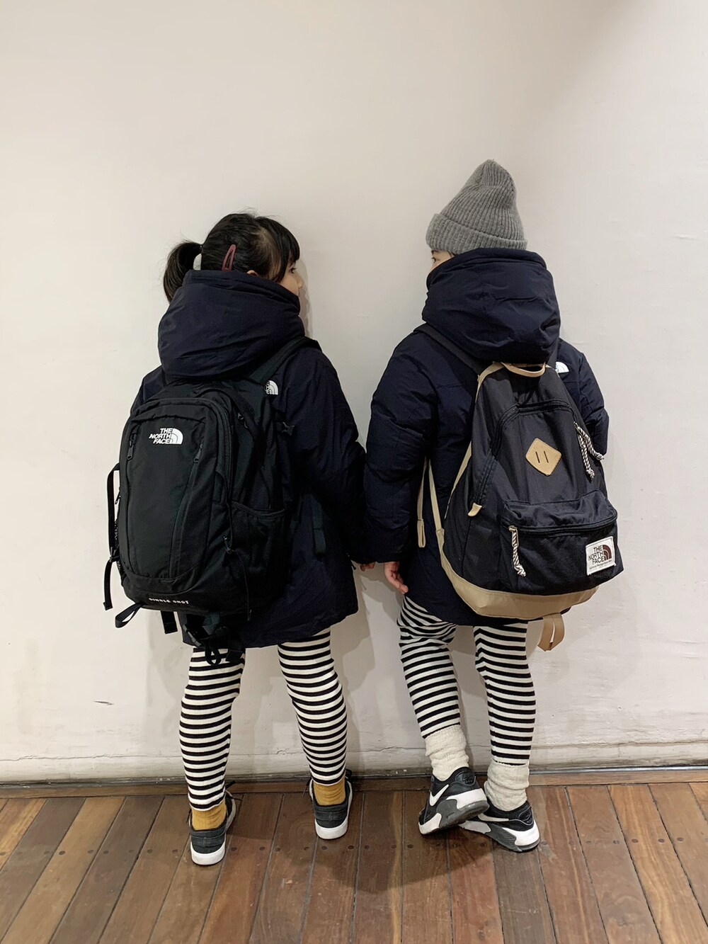 「私の推しブランド、バルトロライトジャケット、THE NORTH FACE、ボーダー、レギンス、ニット帽、NIKE、AIR MAX、スニーカー、スニーカーコーデ、モノトーン、リンクコーデ、リュック、あったかコーデ、ダウンジャケット」｜「THE NORTH FACEの【WEB限定】THE NORTH FACE/ザ ノース フェイス  Endurance Baltro Jacket（ダウンジャケット/コート、ブラック系）」を使った、bow-changさん（キッズ・120cm）の冬コーディネートの2枚目の写真