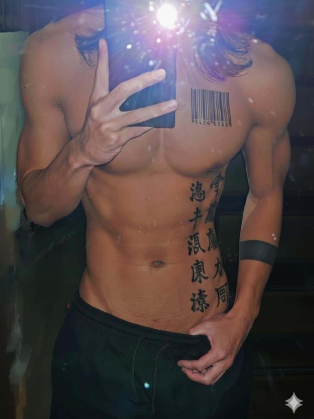 ブラック系のデニムパンツ、グリーン系のボクサーパンツ、シルバー系のウォレットチェーンを着用したメンズの春コーディネートの4枚目の写真