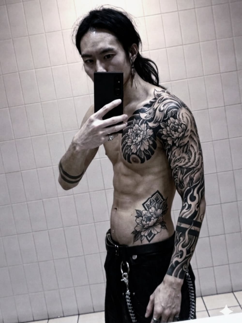 ブラック系のデニムパンツ、グリーン系のボクサーパンツ、シルバー系のウォレットチェーンを着用したメンズの春コーディネートの5枚目の写真