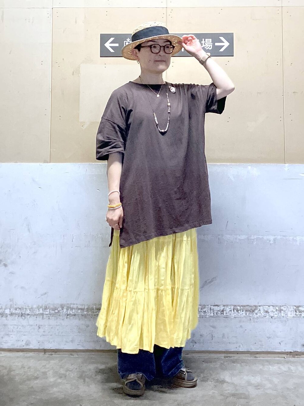 その他のサンダル、ブラウン系のTシャツ/カットソー、ブルー系のデニムパンツを着用したレディースの夏コーディネートの3枚目の写真