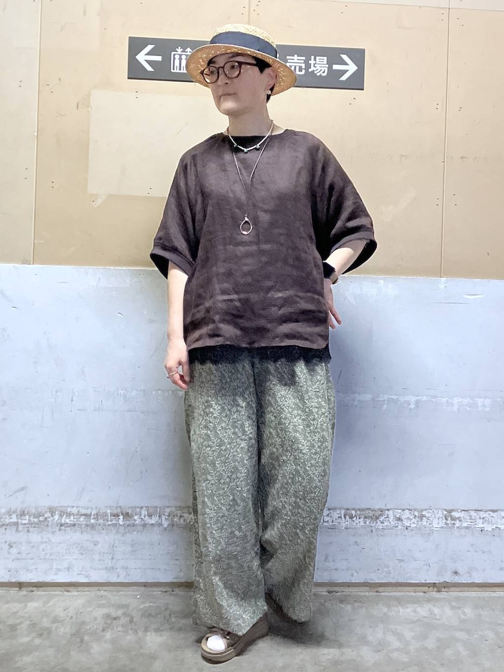 その他のサンダル、ブラウン系のシャツ/ブラウス、グリーン系のデニムパンツを着用したレディースの夏コーディネートの3枚目の写真