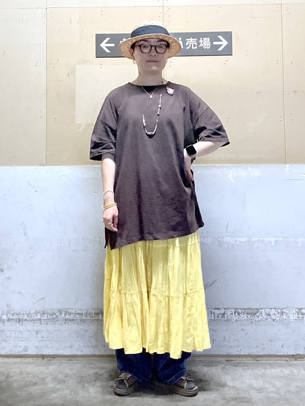 その他のサンダル、ブラウン系のTシャツ/カットソー、ブルー系のデニムパンツを着用したレディースの夏コーディネートの5枚目の写真