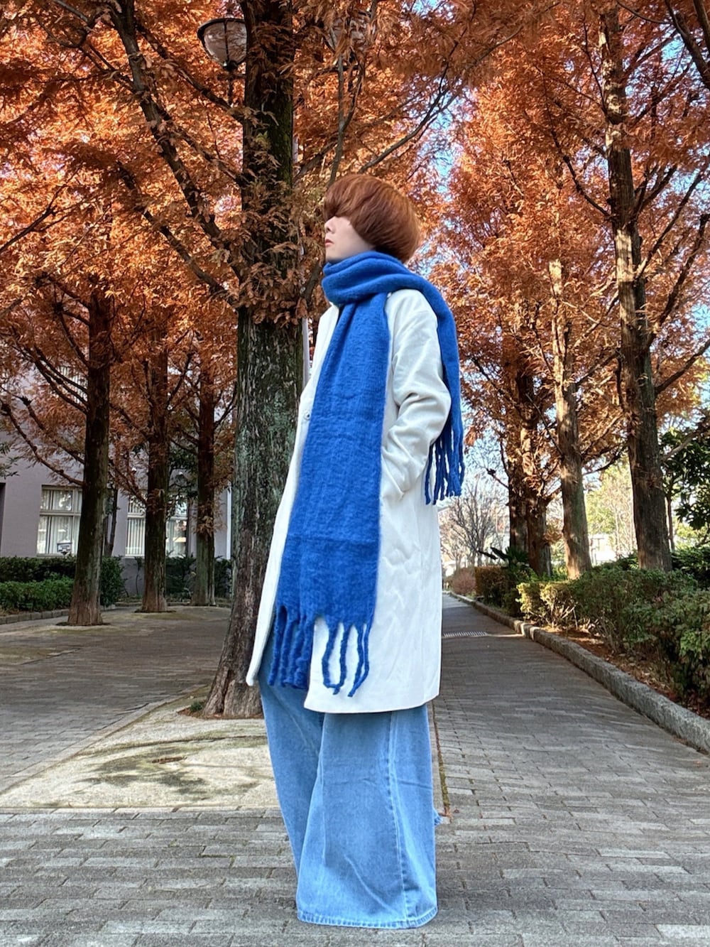 「冬コーデ、ホワイトコーデ、クリスマスコーデ、クリスマスに着たい服、お出かけコーデ、デートコーデ、ブルーコーデ、ロングコート、ホワイトコート、チェスターコート、ブルーデニム、バギーデニム、フレアデニム、マフラー、厚底シューズ」｜「SHEINのアイテム（マフラー、ブルー系）」を使った、Teddy bear🧸さん（メンズ・177cm）の冬コーディネートの3枚目の写真