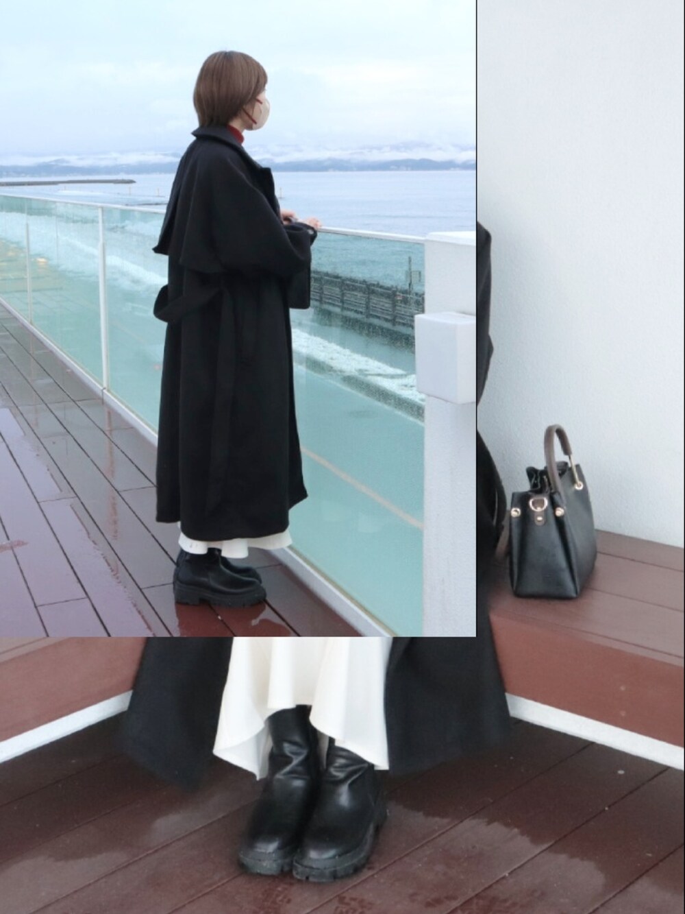 ブラック系のステンカラーコート、オレンジ系のニット/セーター、ホワイト系のスカートを着用したレディースの冬コーディネートの2枚目の写真