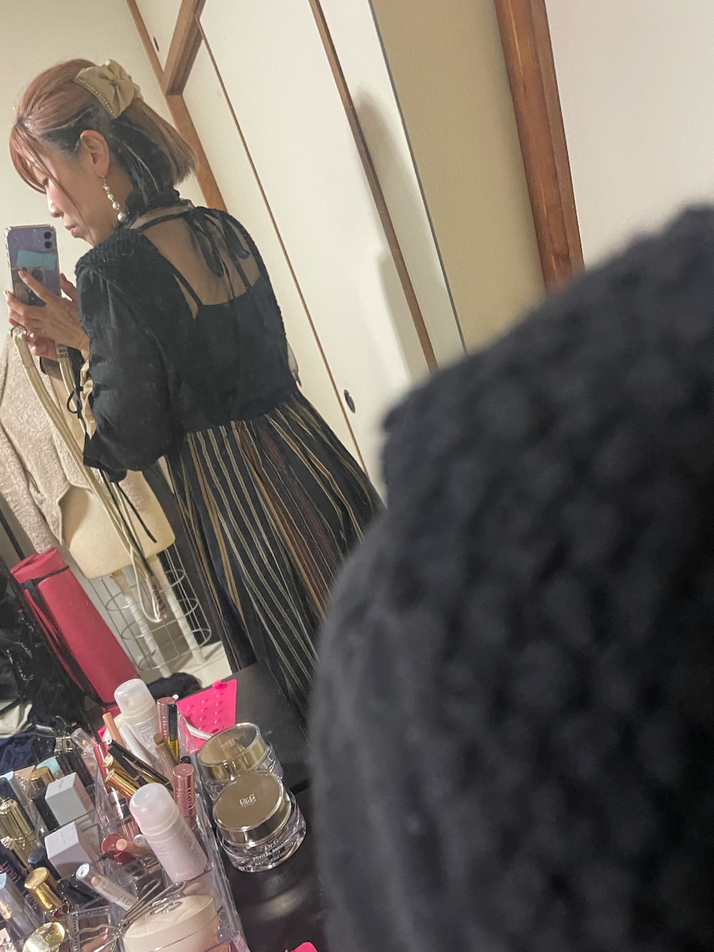 「お出かけコーデ、結婚式、結婚式 ワンピース、結婚式お呼ばれ、オケージョンワンピース、フミエタナカ、フォーマル、セレモニー」｜「FUMIE TANAKAのFUMIE=TANAKA（フミエ タナカ）  パッチロングワンピース（ブラック/サイズ1）（ドレス、ブラック系）」を使った、yukinobdさん（レディース・156cm）の春コーディネートの2枚目の写真