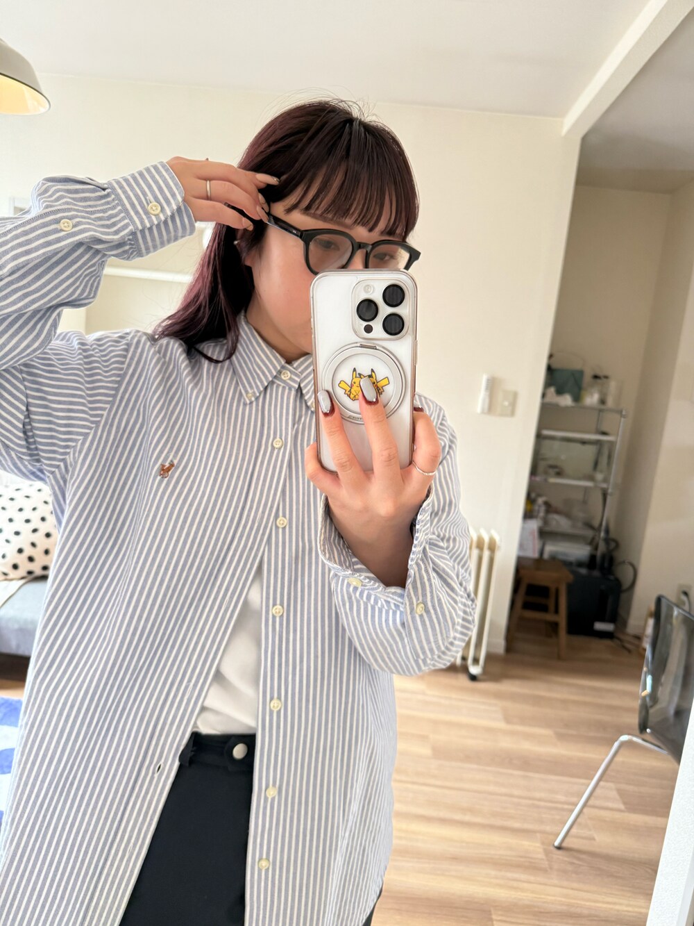 「春めき満開コーデ、ストライプシャツ、メンズサイズ、メンズライクコーデ、nb992」｜「RALPH LAURENのアイテム（シャツ/ブラウス、ブルー系）」を使った、みけさん（骨格ウェーブ・レディース・157cm）の春コーディネートの2枚目の写真