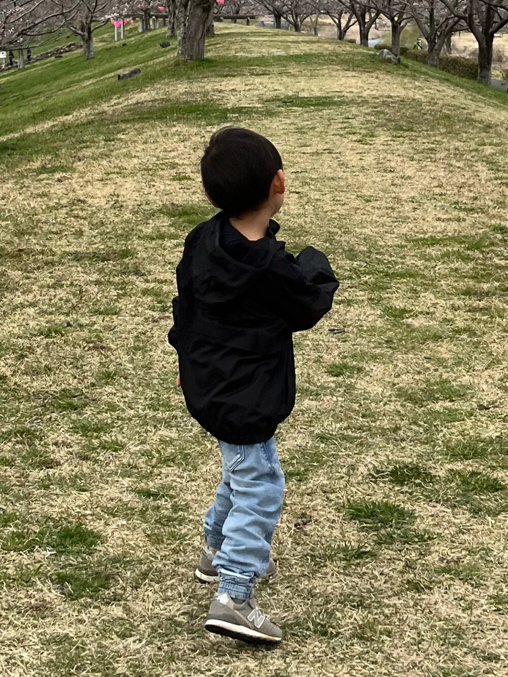 ブラック系のナイロンジャケット、ブルー系のパンツ、グレー系のスニーカーを着用したキッズの春コーディネートの4枚目の写真