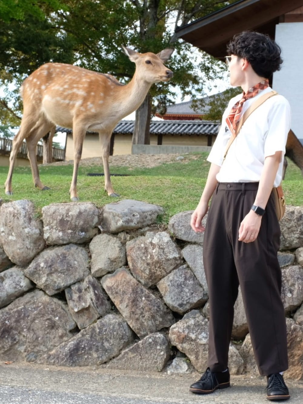 ホワイト系のTシャツ/カットソー、グリーン系のショルダーバッグ、ブラウン系のその他パンツを着用したメンズの秋コーディネートの2枚目の写真