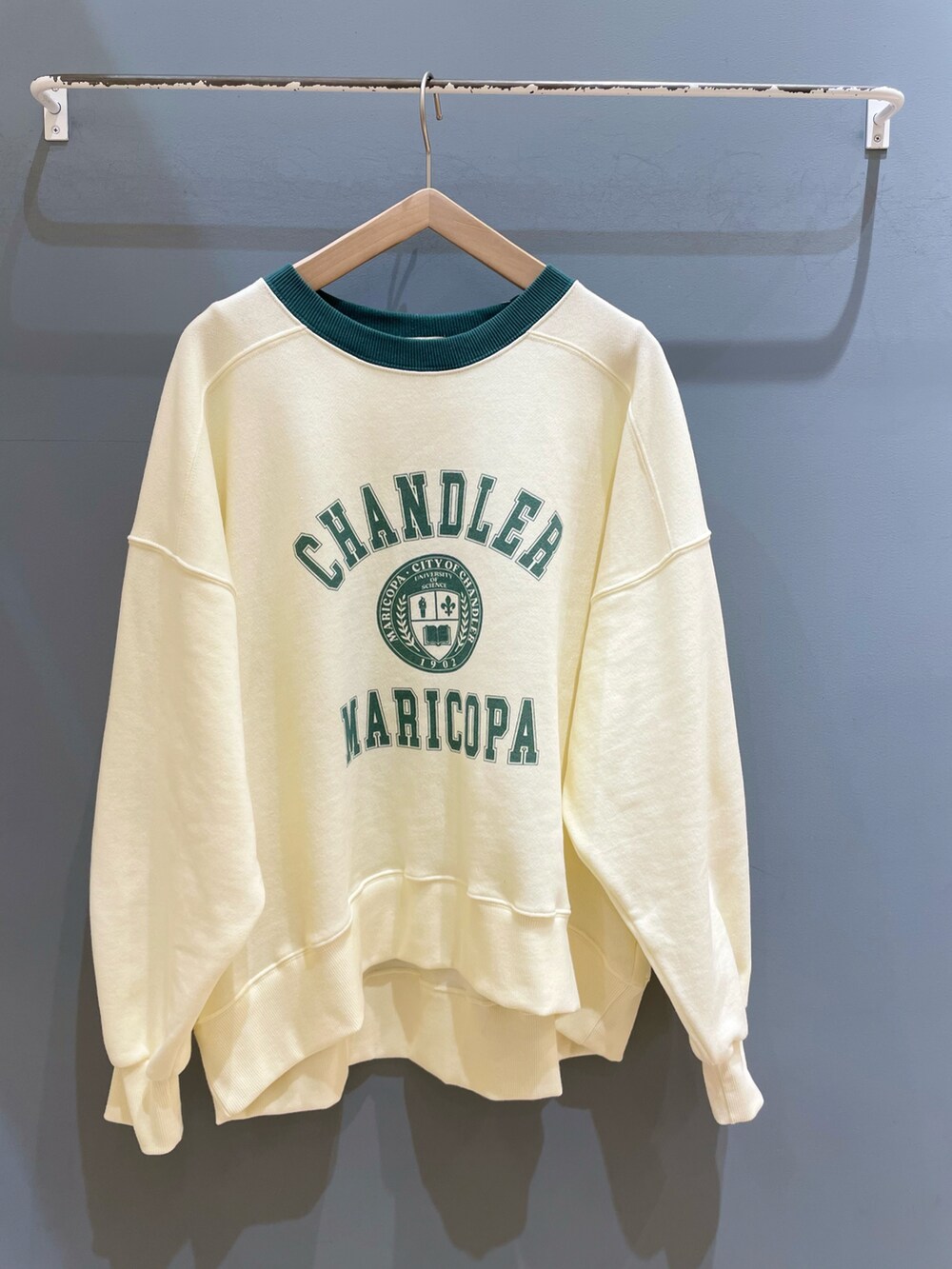 イエロー系のブルゾン、グリーン系のTシャツ/カットソー、ベージュ系のパンツを着用したレディースの冬コーディネートの3枚目の写真