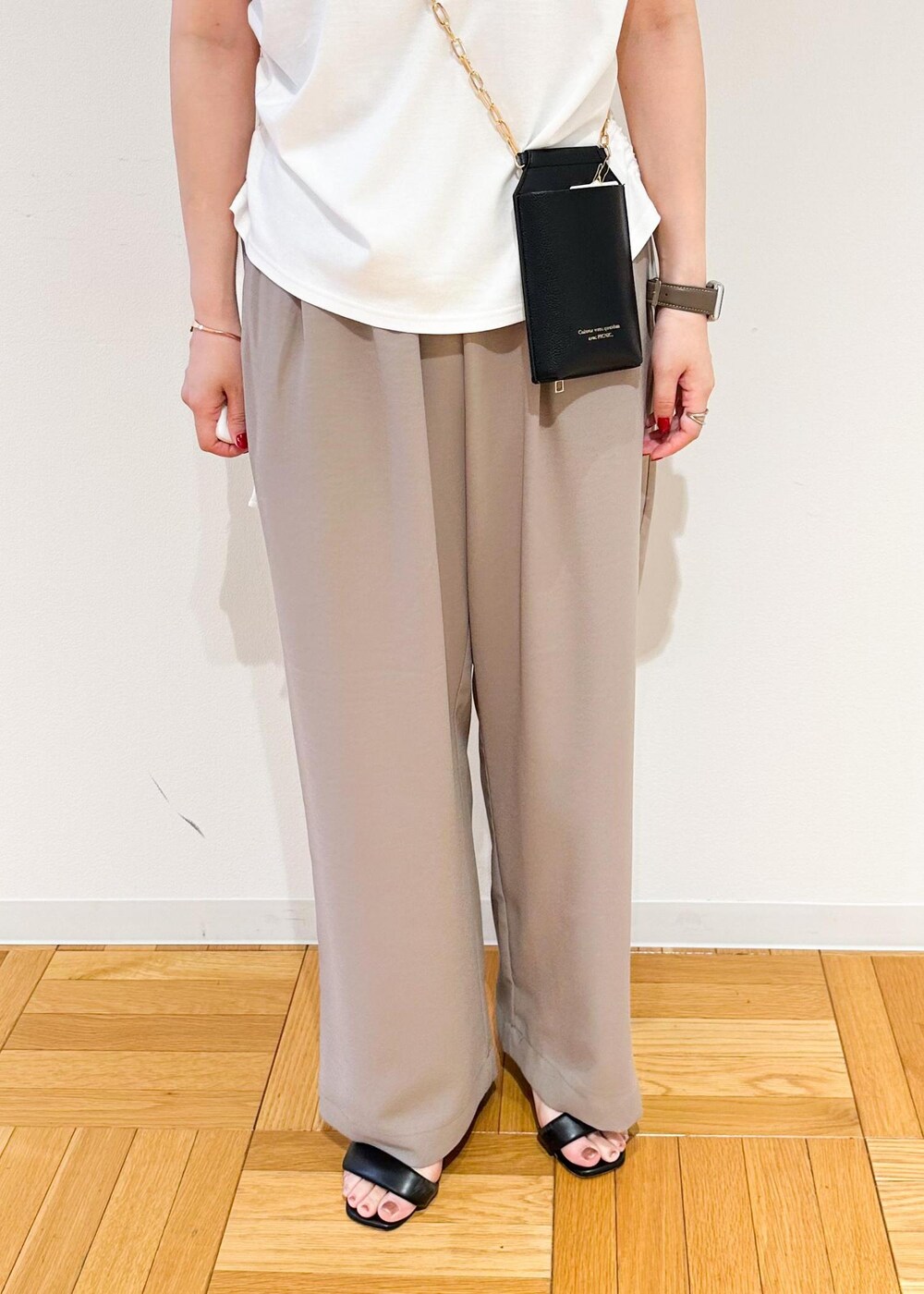 ブラック系のショルダーバッグ、ベージュ系のその他パンツ、ホワイト系のTシャツ/カットソーを着用したレディースの夏コーディネートの6枚目の写真