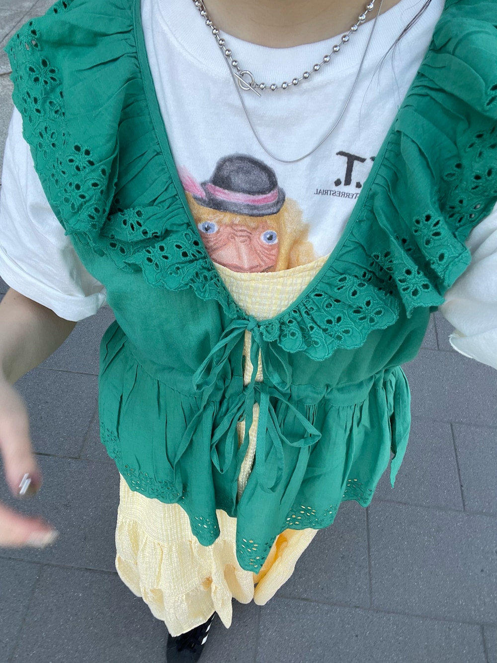 「ciaopanic、チャオパニック、カラーコーデ、お出かけコーデ、レイヤードスタイル、Tシャツ、キャミワンピ、パステルカラー、イエロー、ベスト、リボン、レース、グリーン、162cm、骨格ストレート」｜「CIAOPANICの【リバイバル】シアーチェックティアードキャミワンピース（ワンピース、イエロー系）」を使った、つぐみさん（レディース・162cm）の春コーディネートの4枚目の写真