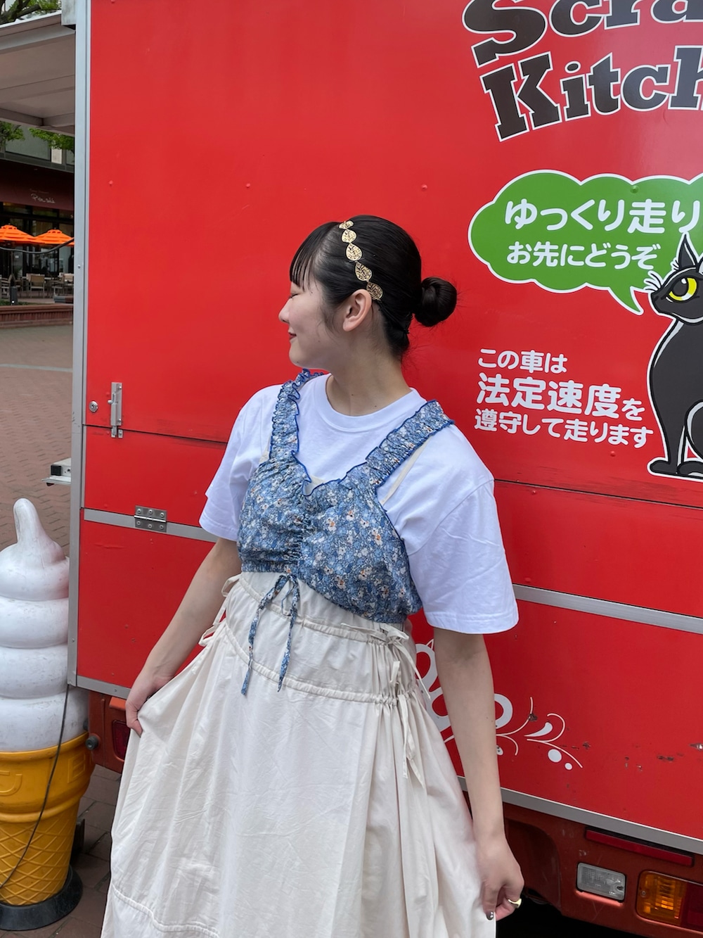 「ciaopanic、チャオパニック、大人かわいい、おでかけコーデ、夏服、ラクチンコーデ、大人コーデ、ビスチェ、花柄、ブルー、キャミワンピ、ワンピース、刺繍、162cm、骨格ストレート」｜「CIAOPANICのINDIA花柄ビスチェ（キャミソール、ブルー系）」を使った、つぐみさん（レディース・162cm）の夏コーディネートの3枚目の写真