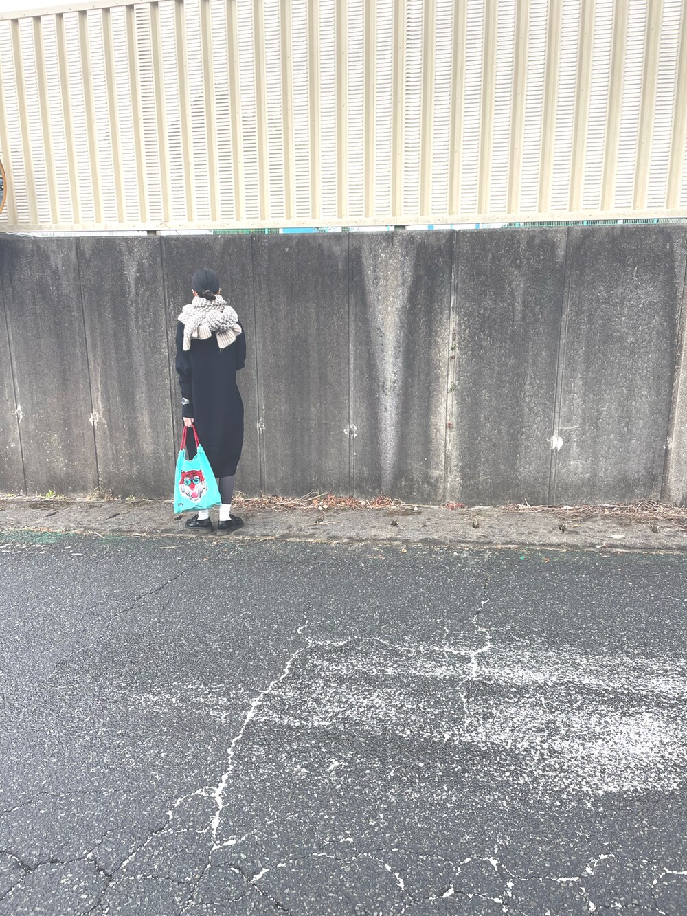 ブルー系のニット/セーター、ブルー系のバッグを着用したレディースの冬コーディネートの2枚目の写真