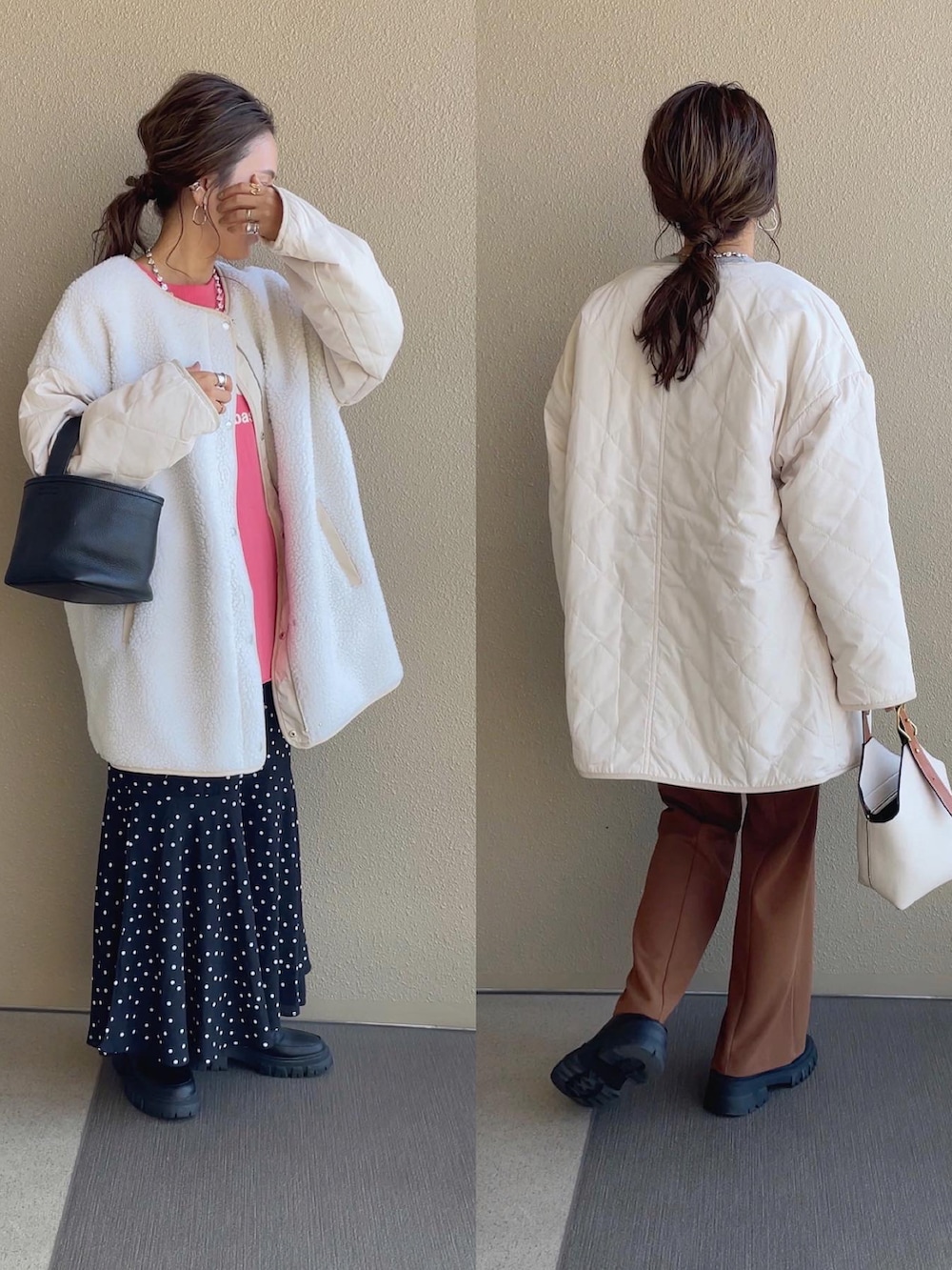 ホワイト系のノーカラージャケット、ピンク系のスウェット、ブラック系のスカートを着用したレディースの秋コーディネートの5枚目の写真
