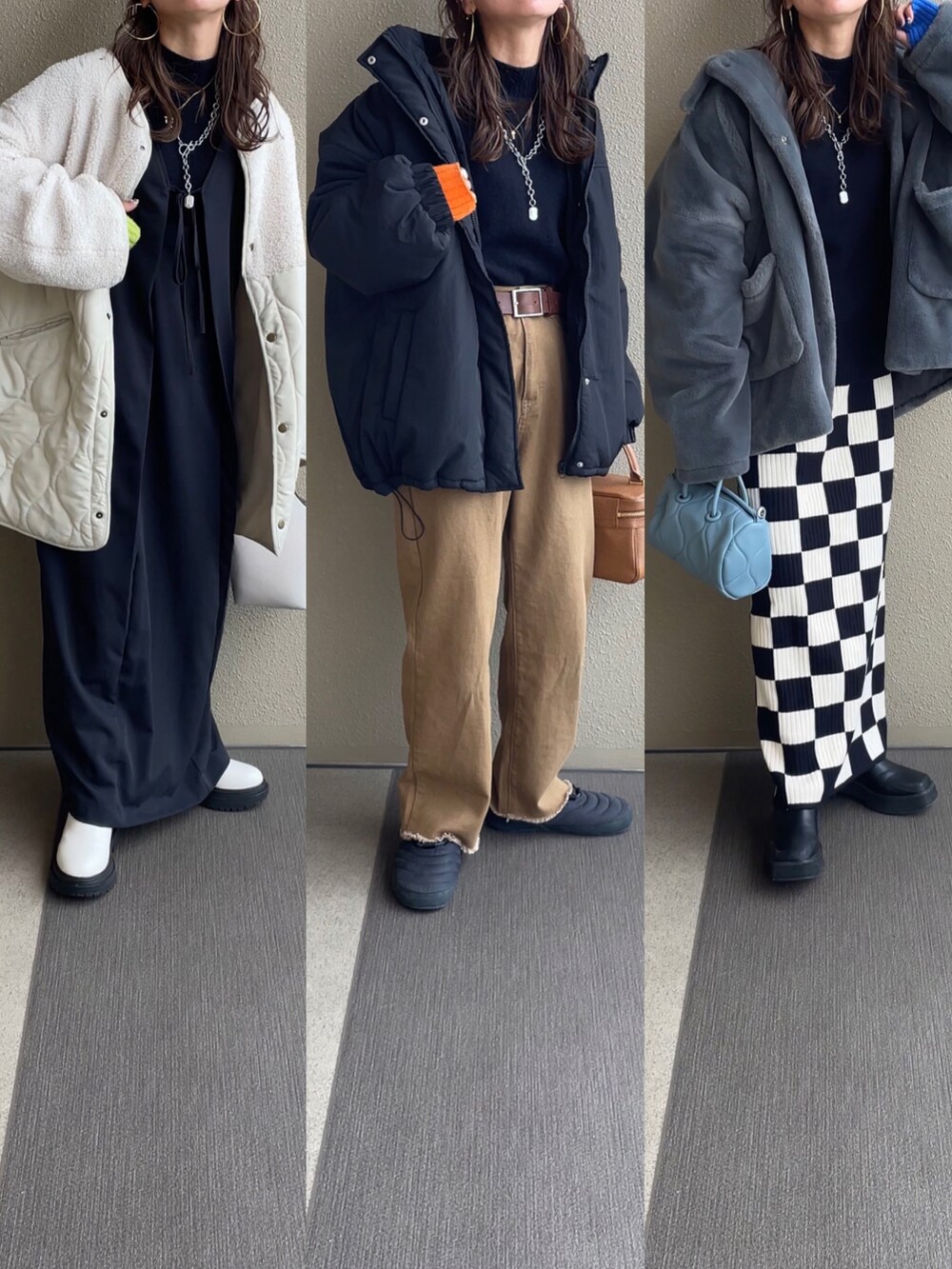 ブラック系のニット/セーター、ホワイト系のスカート、ブラウン系のデニムパンツを着用したレディースの冬コーディネートの5枚目の写真