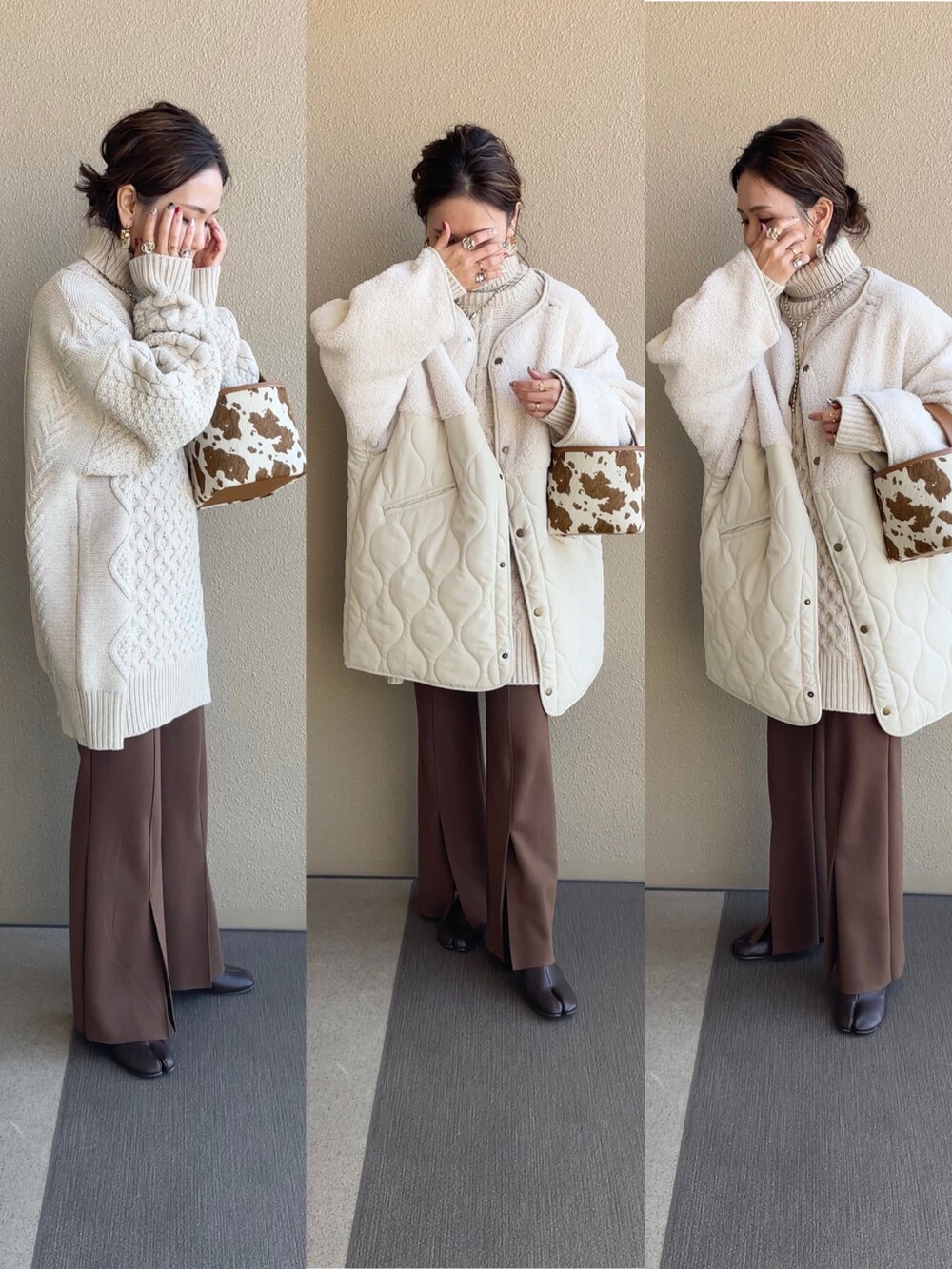 ホワイト系のノーカラージャケット、ホワイト系のニット/セーター、ブラウン系のその他パンツを着用したレディースの冬コーディネートの3枚目の写真