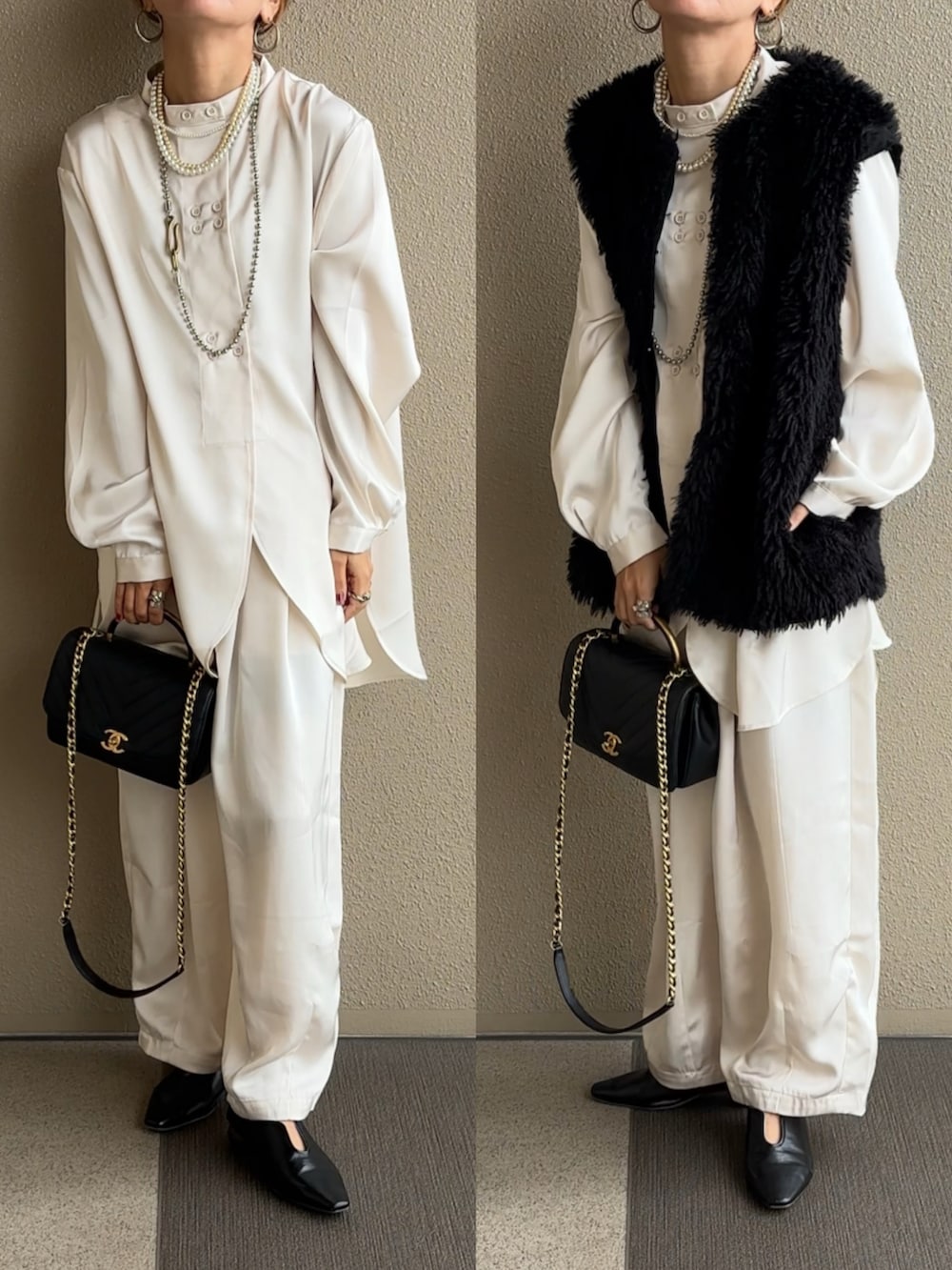 ホワイト系のシャツ/ブラウス、ホワイト系のその他パンツ、ベージュ系のステンカラーコートを着用したレディースの秋コーディネートの2枚目の写真