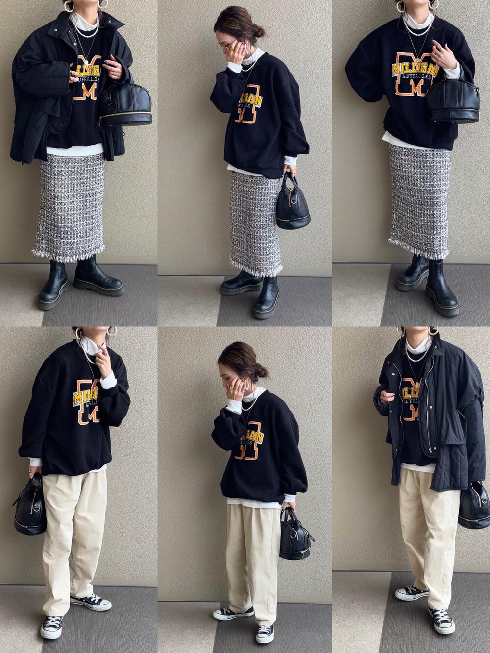 ブラック系のニット/セーター、ホワイト系のTシャツ/カットソー、ベージュ系のその他パンツを着用したレディースの冬コーディネートの3枚目の写真