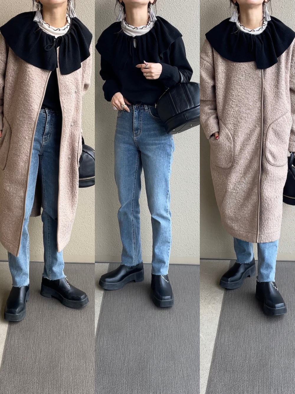 ベージュ系のノーカラーコート、ブラック系のニット/セーター、ブラック系のショルダーバッグを着用したレディースの冬コーディネートの3枚目の写真