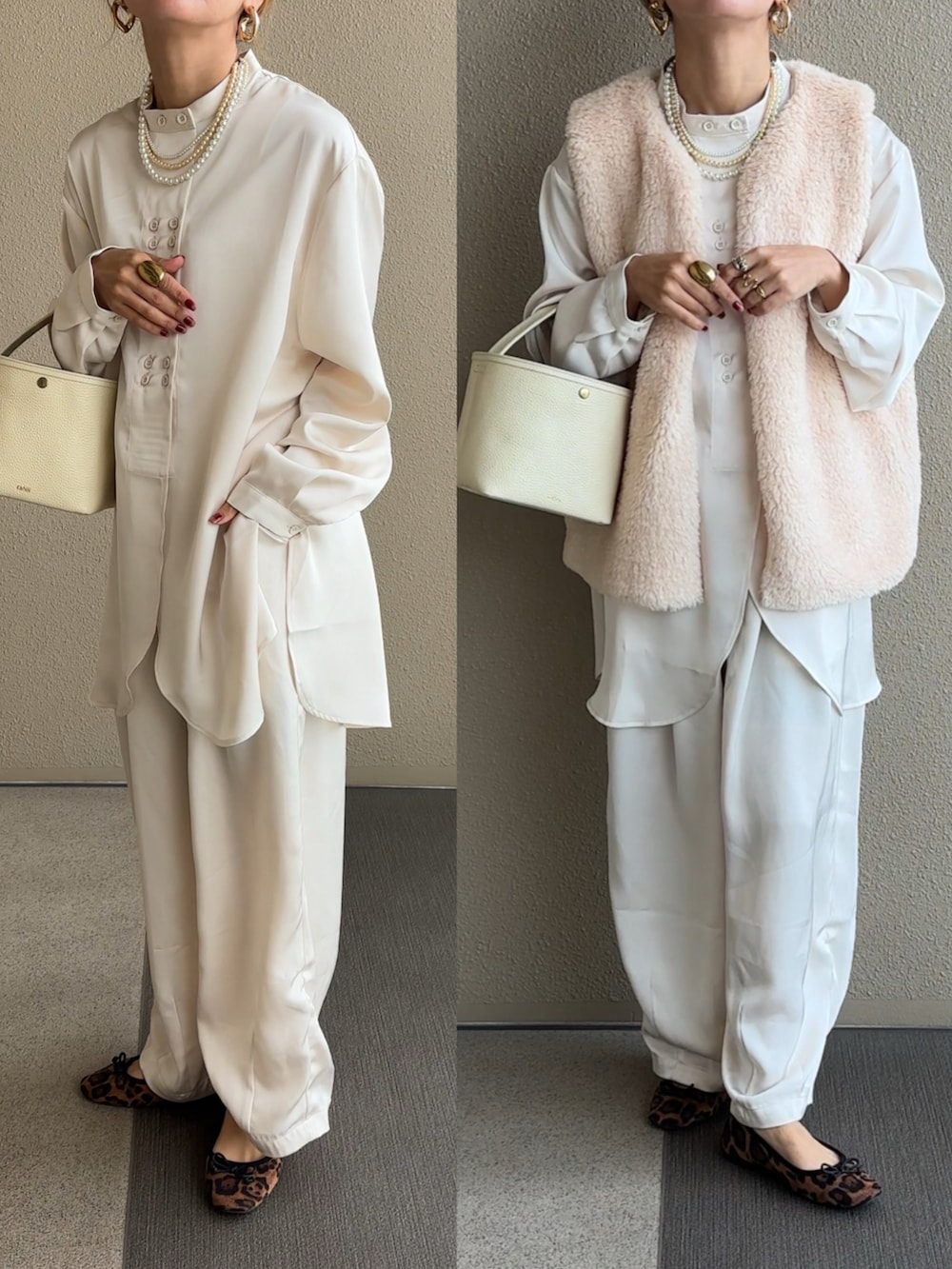 ホワイト系のシャツ/ブラウス、ホワイト系のその他パンツ、ベージュ系のステンカラーコートを着用したレディースの秋コーディネートの3枚目の写真