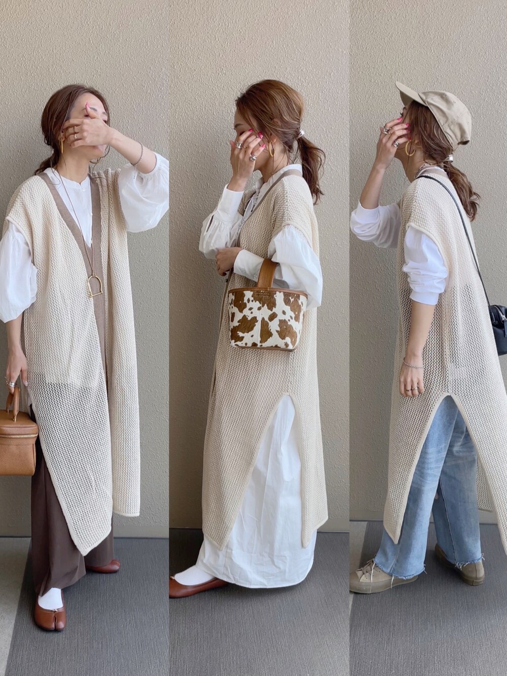 ベージュ系のベスト、ホワイト系のTシャツ/カットソー、ホワイト系のワンピースを着用したレディースの春コーディネートの4枚目の写真