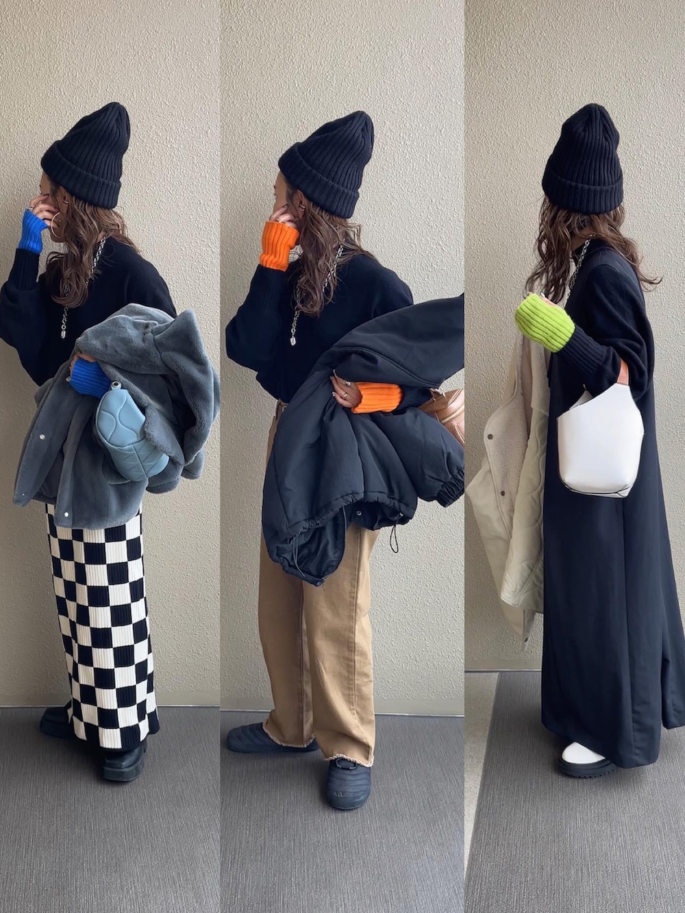 ブラック系のニット/セーター、ホワイト系のスカート、ブラウン系のデニムパンツを着用したレディースの冬コーディネートの4枚目の写真