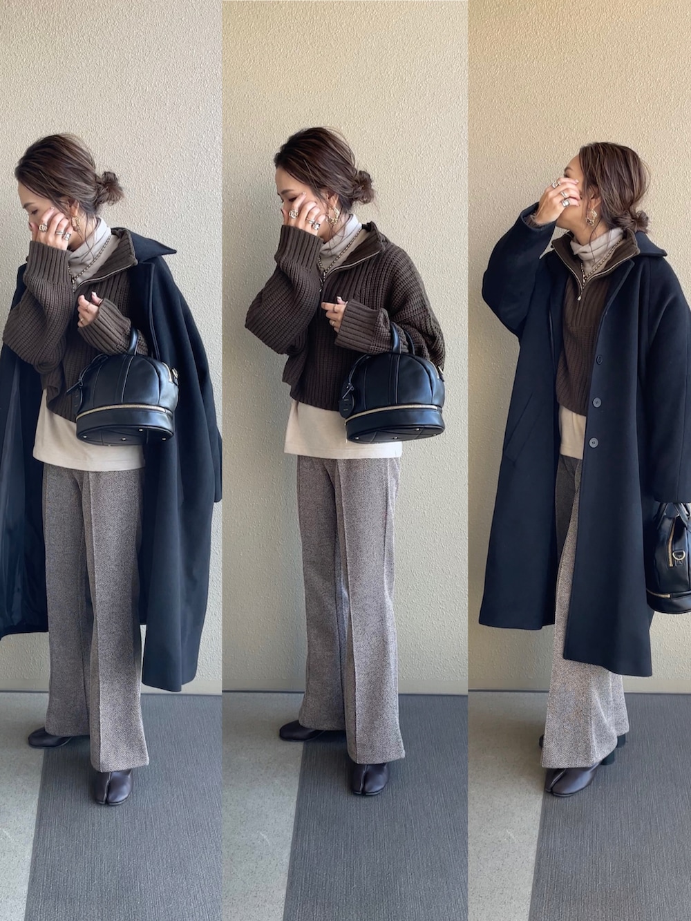 ブラウン系のニット/セーター、ベージュ系のTシャツ/カットソー、ベージュ系のパンツを着用したレディースの冬コーディネートの2枚目の写真