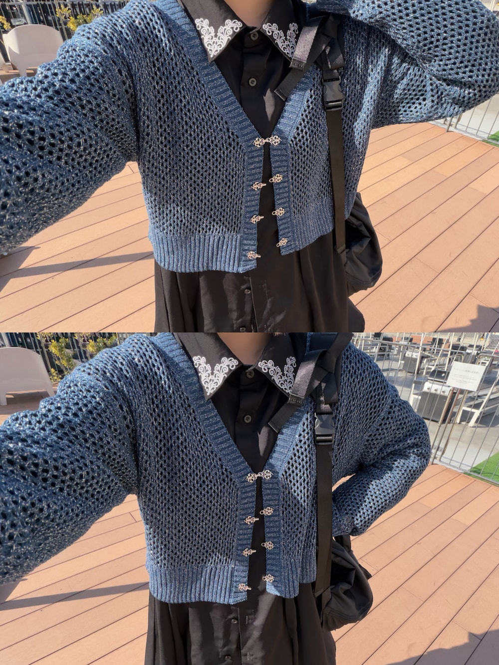 ブラック系のスカート、ブラック系のシャツ/ブラウス、ブルー系のカーディガン/ボレロを着用したレディースの春コーディネートの5枚目の写真