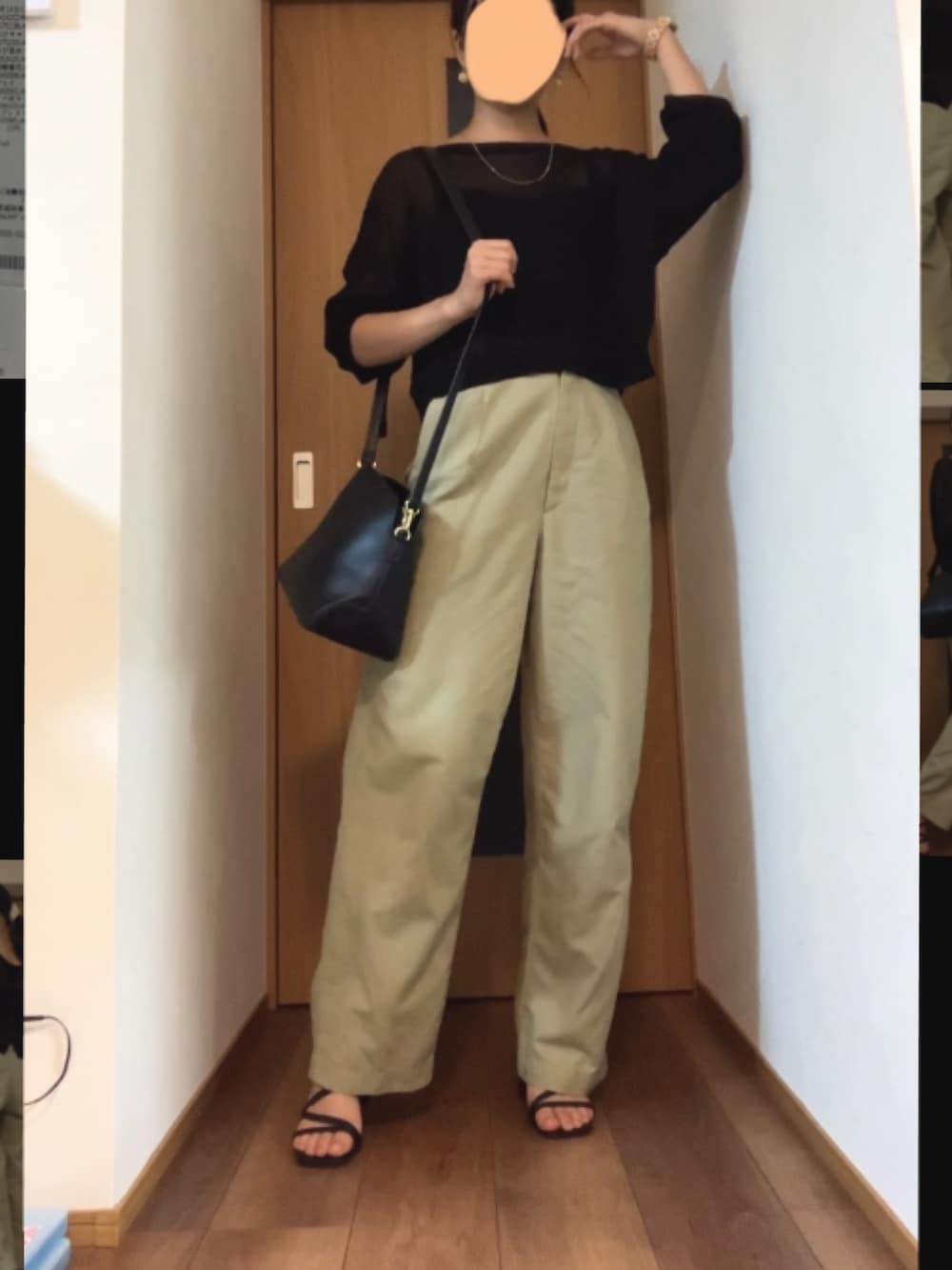 「シースルー、ワイドパンツ、リネンパンツ、タンクトップ、きれいめカジュアル、シアーカーディガン」｜「tu-hacciの【累計85万枚突破!】ノンワイヤーでもナチュ盛り！ブラが要らないBRAIRAZU-ブライラズ-リブキャミソール 浅V型（キャミソール、ブラック系）」を使った、和桜さん（骨格ナチュラル・レディース・162cm）の夏コーディネートの4枚目の写真