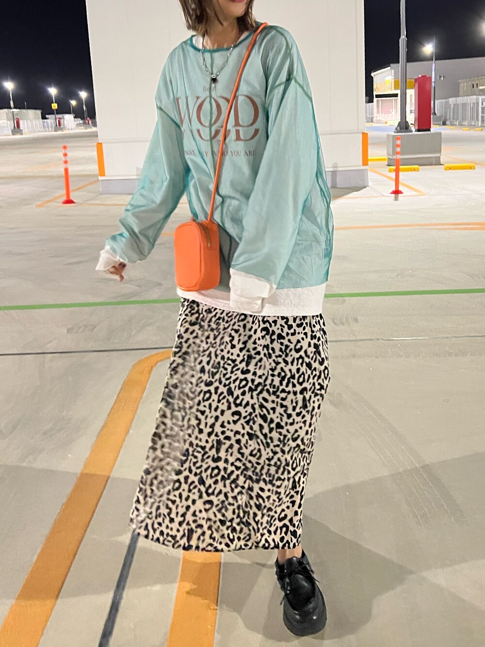 ブルー系のTシャツ/カットソー、ホワイト系のTシャツ/カットソー、ベージュ系のスカートを着用したレディースの秋コーディネートの3枚目の写真