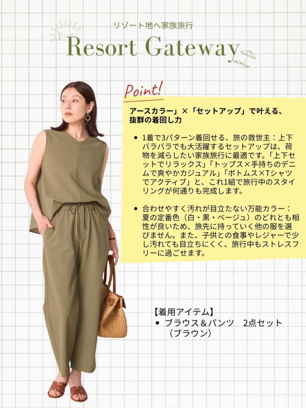ブルー系のデニムパンツ、ホワイト系のTシャツ/カットソー、ブラウン系のワンピースを着用したレディースの夏コーディネートの3枚目の写真