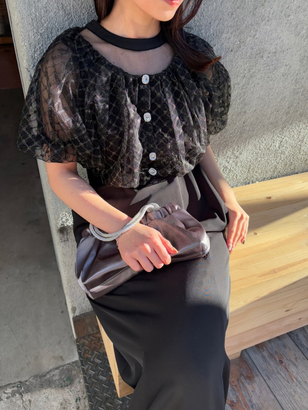 「春コーデ、オフィススタイル、結婚式、ボレロ、カーディガン、オケージョン」｜「et.UNiVERのbaloom cardigan dress（ワンピース、ブラック系）」を使った、RIZUMUさん（骨格ウェーブ・レディース・159cm）の春コーディネートの5枚目の写真